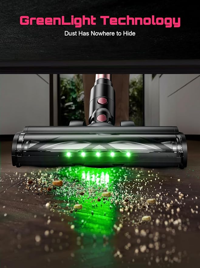 Cordless Vacuum Cleaner, 10 in 1 Stick Vacuum with Powerful Suction, Hose, Green LED Light, Anti-Tangle Brush, Lightweight Rechargeable Vacuum Cleaner for Home, Hardwood Floors, Carpets, Pet Hair,Pink
