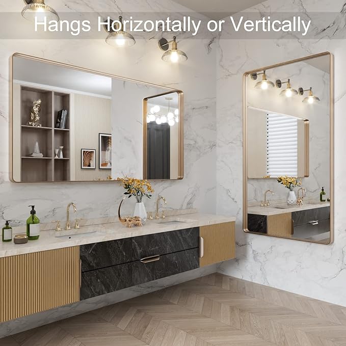 LOAAO 50”X30” Gold Bathroom Mirror, Rounded Rectangle Gold Frame Mirror, Brushed Gold Bathroom Vanity Mirror Wall-Mounted, Anti-Rust, Tempered Glass, Hangs Horizontally or Vertically