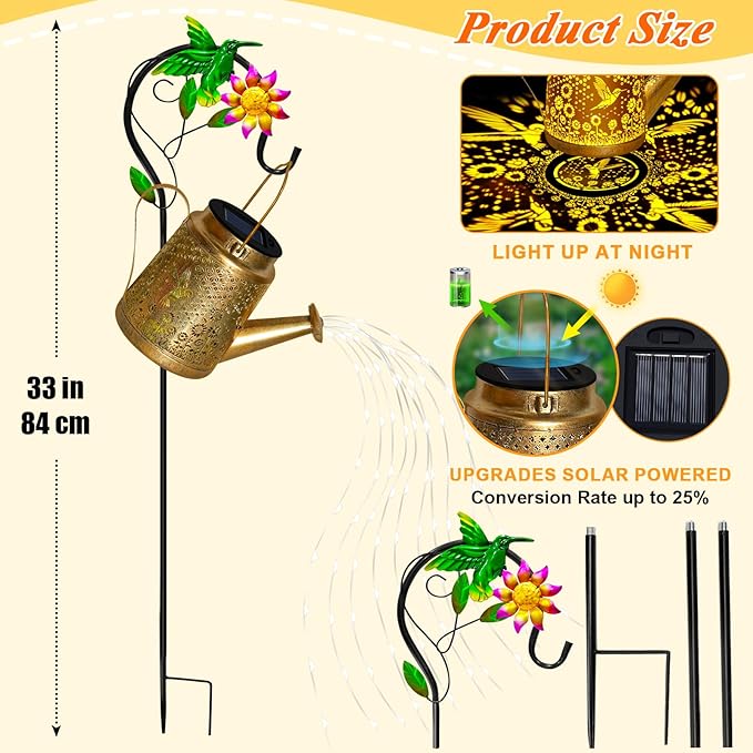 Hummingbird Solar Lanterns Garden Decor, Outdoor Waterproof Watering Can with Shepherd Hook, Solar Garden Decor for Yard Outdoor Landscape Pathway, Gifts for Women Mom Grandma Birthday, Mothers Day