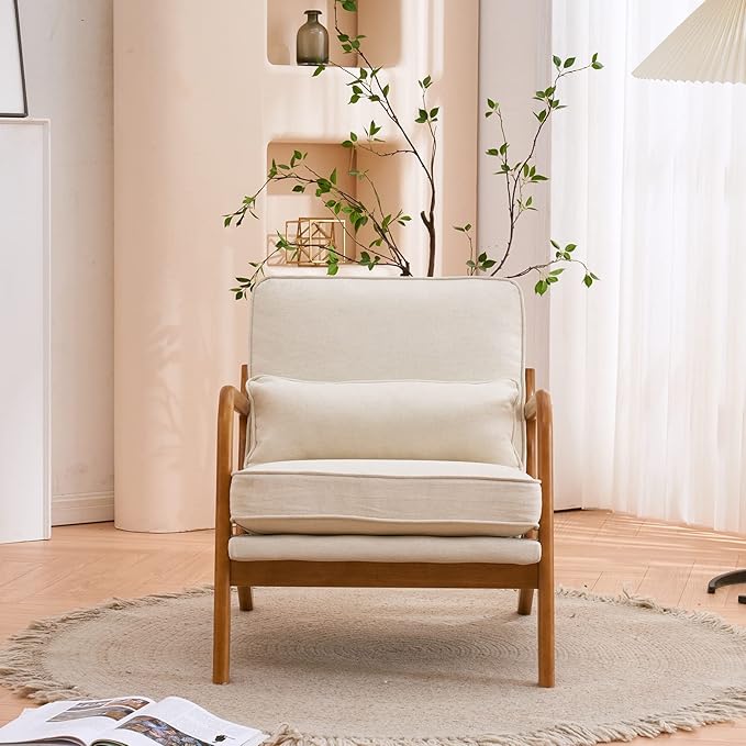 Bonnlo Fine Linen Beige Mid Century Modern Accent Chair, Soild Wood Padding Lounge Armchairs Side Sitting Chairs for Living Room, Bedroom, Guest Room