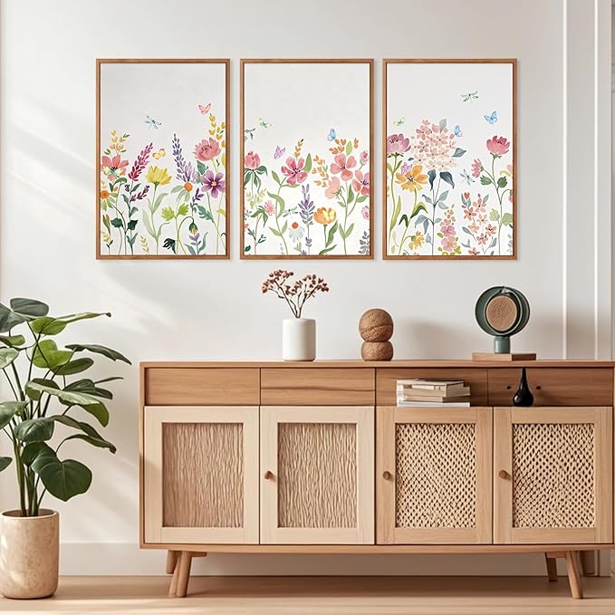 CHDITB Colorful Wildflower Framed Canvas Wall Art Print, Nature Butterfly Poster, Flower Wall Decor, Watercolor Floral Pictures, Botanical Art Prints for Girl Room Living Room Nursery Decor 16"x24"x3