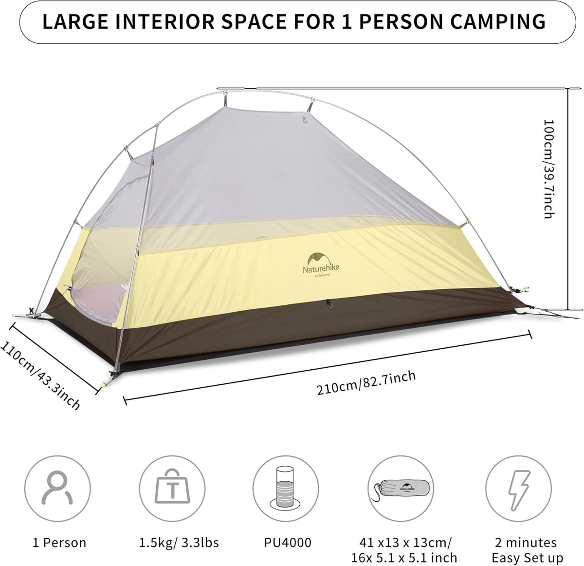 Naturehike Cloud-Up 1 Person Tent, Lightweight Backpacking Tents for One Man, Waterproof Ultralight One Person Tent for Camping Hiking Backpacking