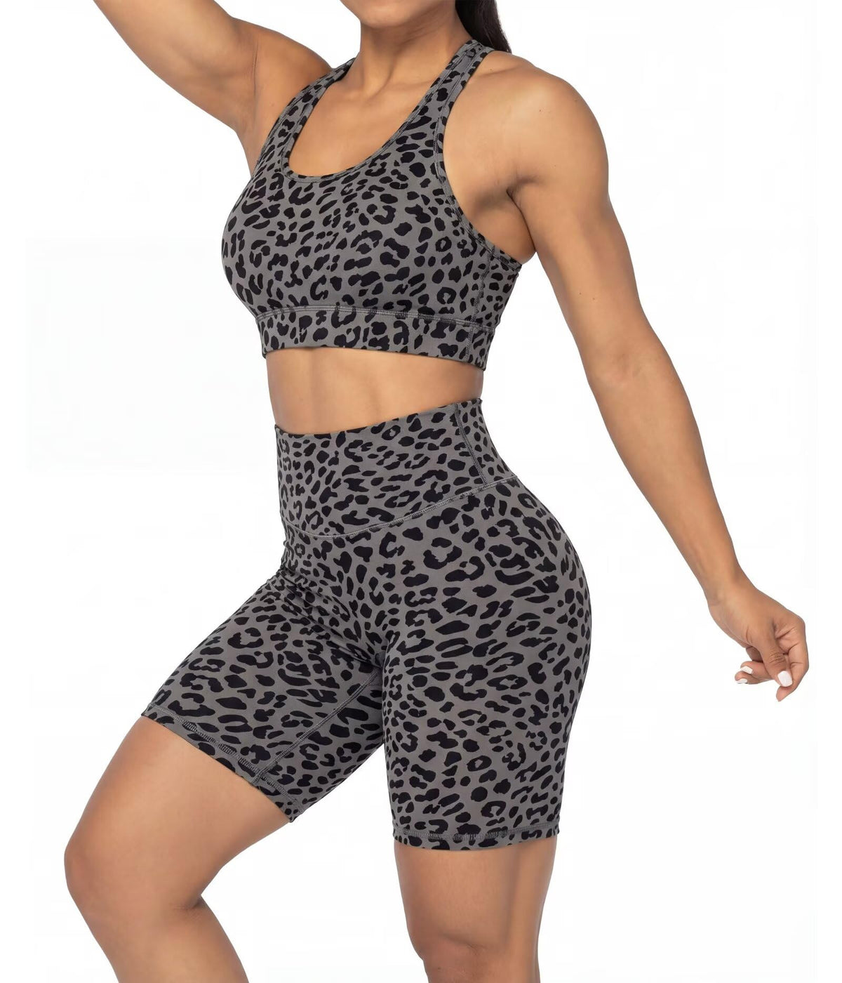 Sunzel 8" Waist Biker Shorts for Women No Front Seam Soft Yoga Workout Gym Bike Shorts Tummy Control Squat Proof Leopard Charcoal Gray Small