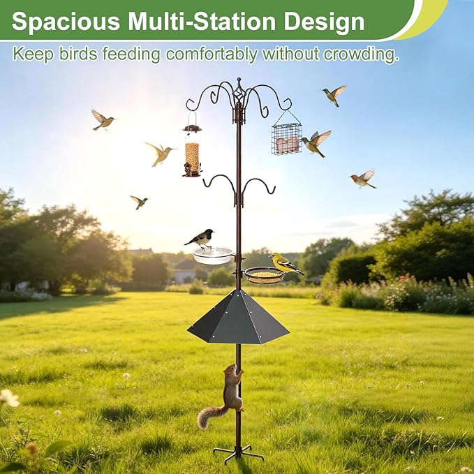 83" Bird Feeding Station Kit with Metal Squirrel Baffle, Heavy Duty Metal Bird Feeding Station with Seed Tray＆Mesh Basket, Easy Assembly Ground Mounted Bird Feeder Pole for Garden Yard Outdoor