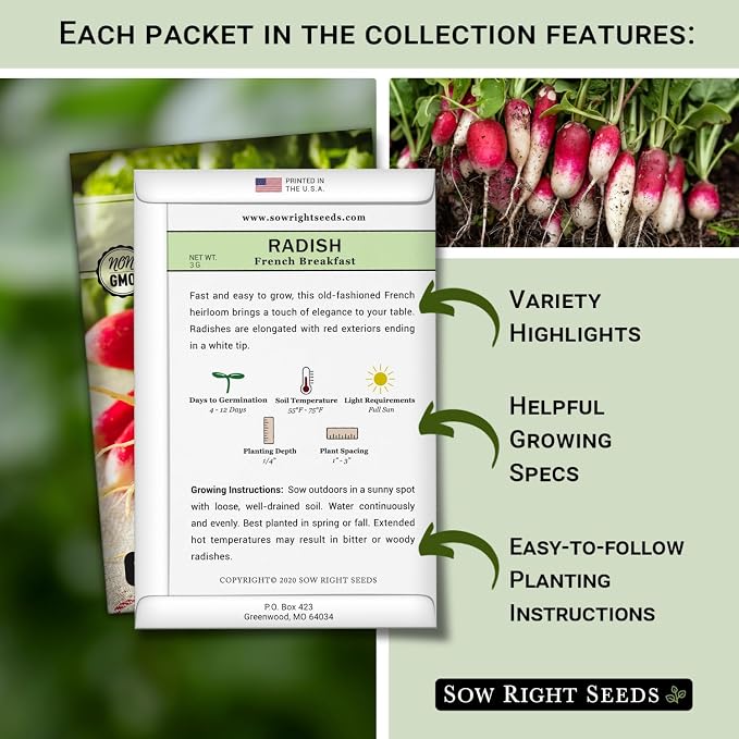 Sow Right Seeds - Radish Seed Collection for Planting - Champion, Watermelon, French Breakfast, Easter Egg Mix, and Minowase Daikon Varieties, Non-GMO Heirloom Seed to Plant Home Vegetable Garden