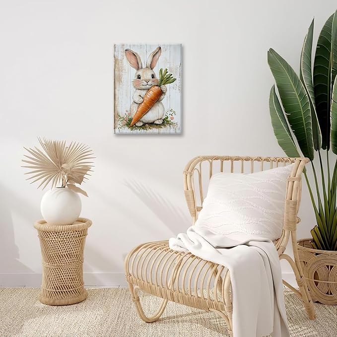 Rabbit Wall Art, Easter Bunny Pictures Wall Decor, Farmhouse Rabbit Carrot Canvas Prints, Rustic Cute Animal Painting Framed Artwork for Bathroom Living Room Bedroom Office Dining Room 16"X12"