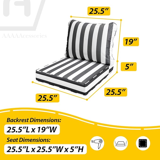 AAAAAcessories Outdoor Seat Cushions for Chairs, Fade-Resistant, Waterproof Patio Furniture Replacement Cushions, 25.5" x 25.5" x 5" + 25.5" x 19", Gray Cabana Stripe