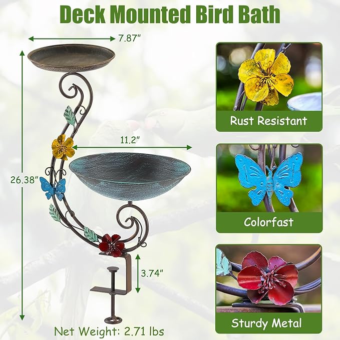 Bird Bath for Deck Railing, 2 in 1 Deck Mounted Balcony Bird Feeder and Bath for Outside with Heavy Duty Clamp, Outdoor Metal Birdbaths for Garden Yard Decor