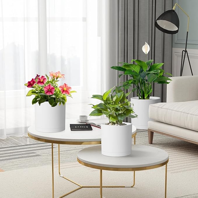 10/8/6 inch Deep Flower Pots, 3 Pack Cylinder Tall Plant Pots for Outdoor Indoor Plants, Large Decorative Plastic Planters with Drainage Holes and Saucers for Garden House Plants, White