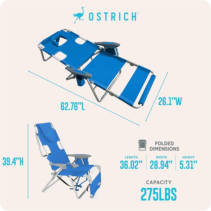 Ostrich the Backpack 3N1 Portable Chair with Cooler Bag and Reclining Lounger for Tanning, Camping, Beach, and Outdoor Essential, Blue