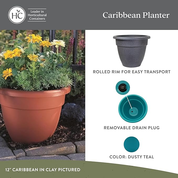 The HC Companies 30 Inch Caribbean Planter Pots with Drainage & Plug, Rolled Rim Plastic Planters for Indoor & Outdoor Plants, 1-Pack Decorative Flower Pots for Garden, Office & Home Decor, Granite