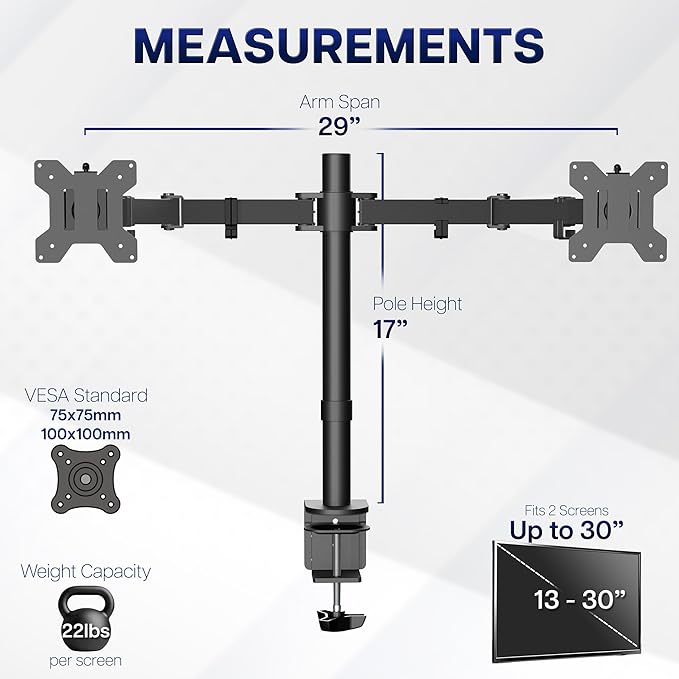 VIVO Dual Monitor Desk Mount, Holds 2 Computer Screens up to 30 inches and 22lbs Each, Heavy Duty Fully Adjustable Steel Stand with C-Clamp and Grommet, Black, STAND-V002