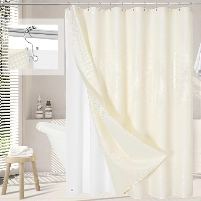 3 in 1 Extra Long Cream Shower Curtain Set-72 W x 84 H, Ivory Waffle and PEVA Liner Set with 12 Stainless Steel Hooks, Waterproof Fabric for Bathroom