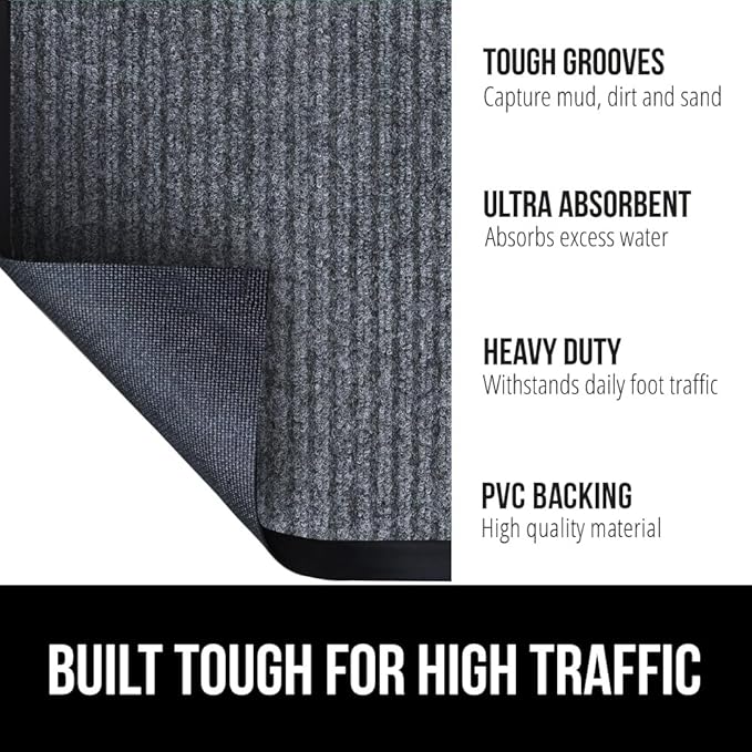 GORILLA GRIP Traffic Guard Door Mat, 72x48, Heavy Duty Welcome Mats, Commercial Office Space Doormat, Waterproof, Fade Resistant, Strong Rubber Backing, Low Profile, Shoe and Boot Scraper, Gray