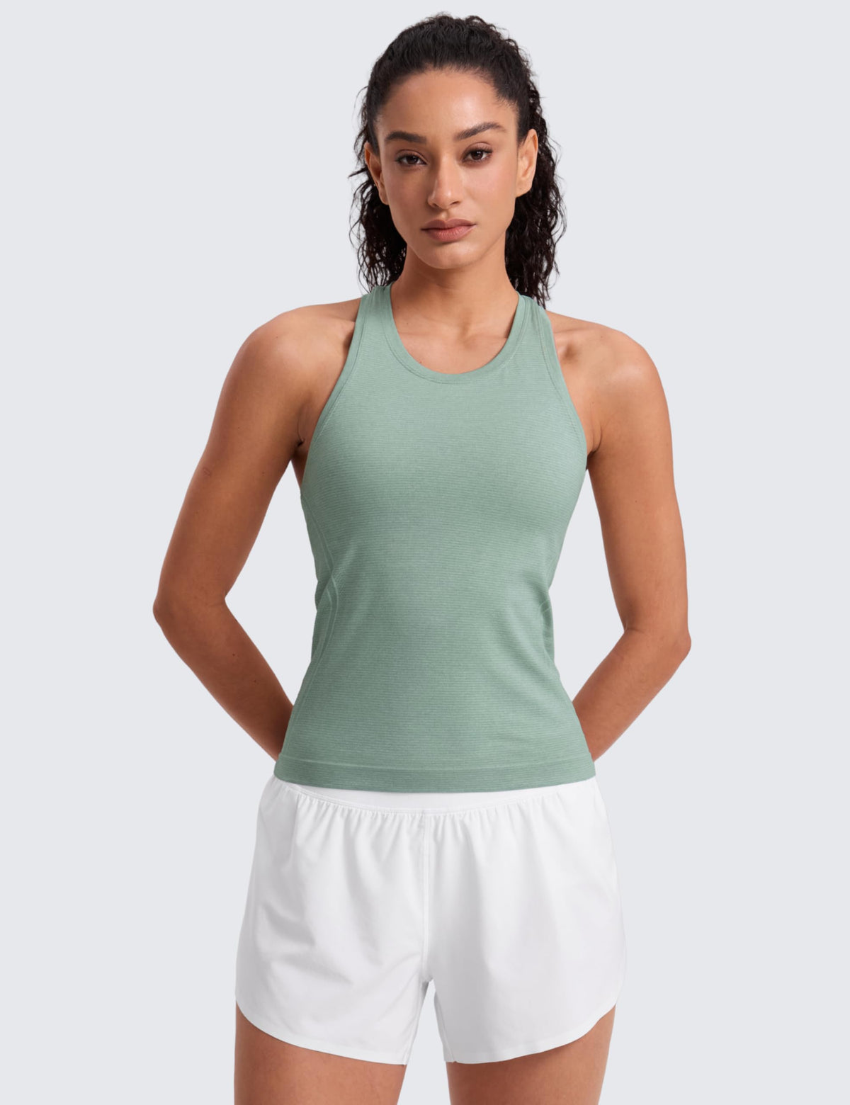 CRZ YOGA Seamless Workout Tank Tops for Women - Athletic Running Gym Sleeveless Shirts Crewneck Racerback Breathable Green Palm Court Heather X-Small