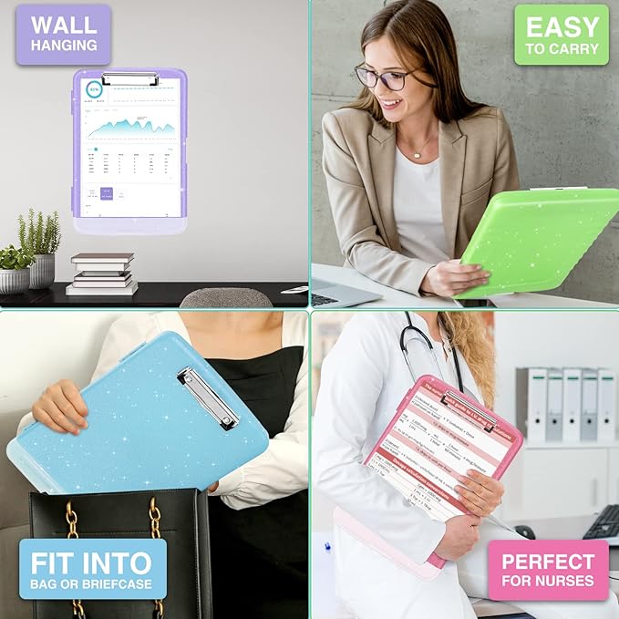 Sooez Glitter Clipboard with Storage, High Capacity Clip Boards 8.5x11 with Pen Holder, Cute Clipboards with Low Profile Clip, Sparkle Plastic Organizer Case Box for Women & Kids, Side Opening