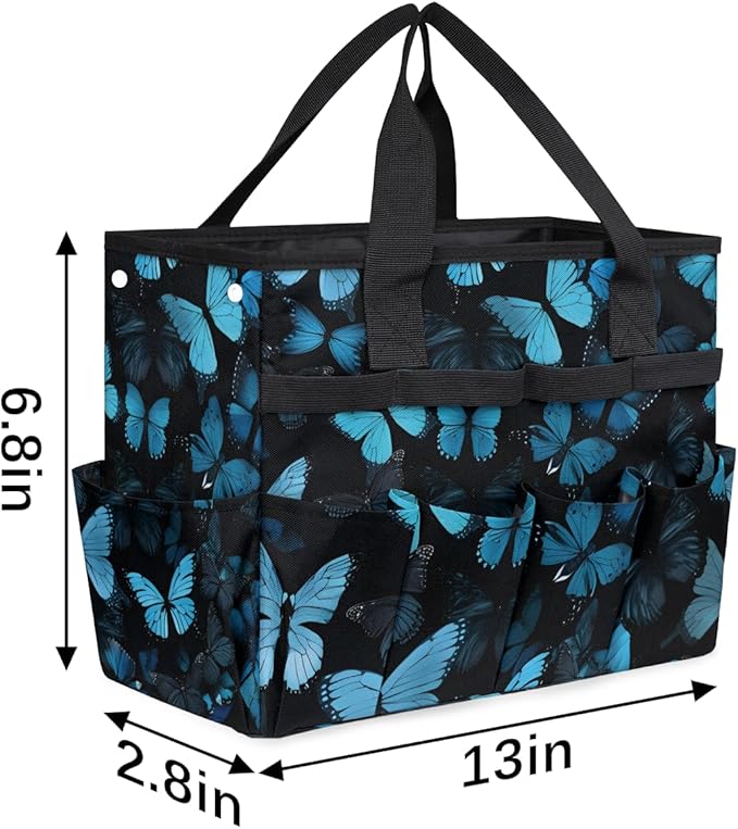 Butterfly Blue Gardening Tool Bag,Heavy Duty Garden Tote Bag,Portable Oxford Gardening Storage Basket Organizer Handbag with Pockets Handle,Hand Tools Gifts for Outdoor Garden Lawn Yard