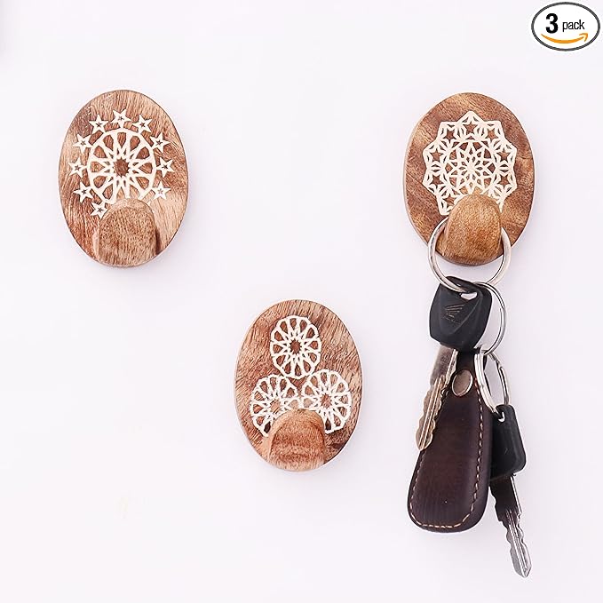 Indian Shelf 6 Lb- 3 Pieces Decorative Wood Adhesive Wall Hooks–Boho Peel and