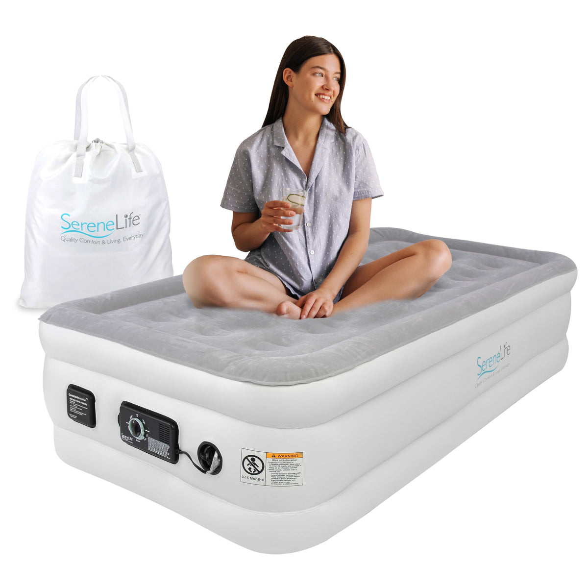 SereneLife Twin Air Mattress with Built in ComfortCoil Technology & Internal High Capacity Pump | Elevated Raised Air Mattress Quilt Top | 1-Year Guarantee, Gray