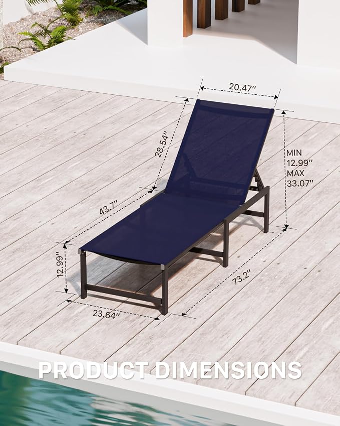 Patio Lounge Chair, Aluminum,5 Adjustable Backrest,1 PieceNavyBlue | Lightweight rustproof aluminum.5 adjustable backrest positions.Breathable quick-dry fabric.For poolside,beach,lawn,backyard.