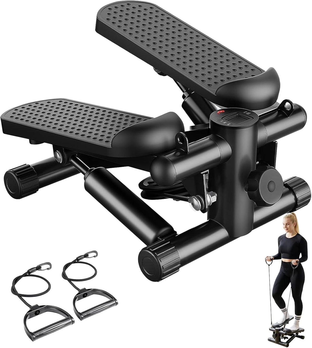 Skiennix Mini Stair Stepper - Portable Exercise Machine with Resistance Bands & LCD Monitor | Black