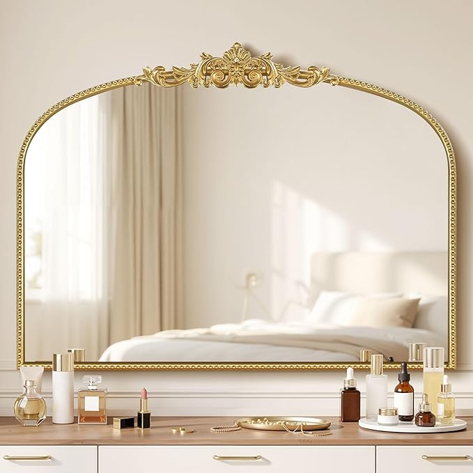 Gold Vintage Mirror 32x24 Inch, Laurel Leaf Ornate Beaded Frame Decorative Vanity Mirror, Antique Style Horizontal Bathroom Mirror for Living Room, Entryway，Dresser, Mantle