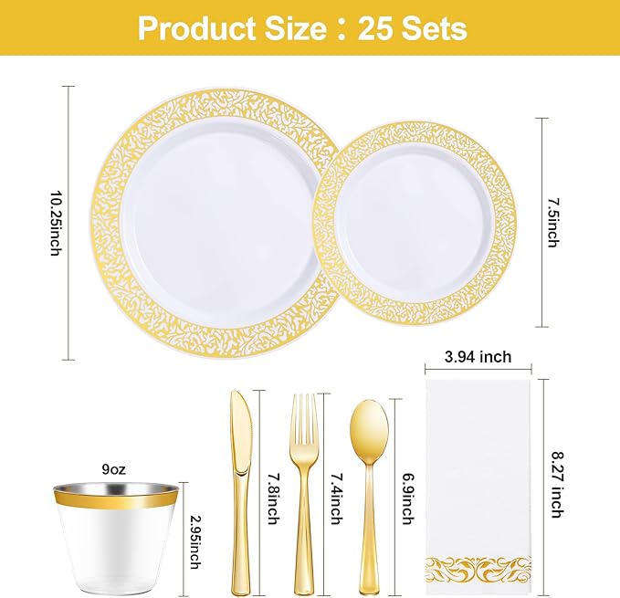 175PCS Gold Plastic Dinnerware Set for 25 Guests, Disposable Plates for Party, Wedding and Dinner, Include 25 Dinner Plates, 25 Dessert Plates, 25 Set Silverware, 25 Cups, 25 Napkins