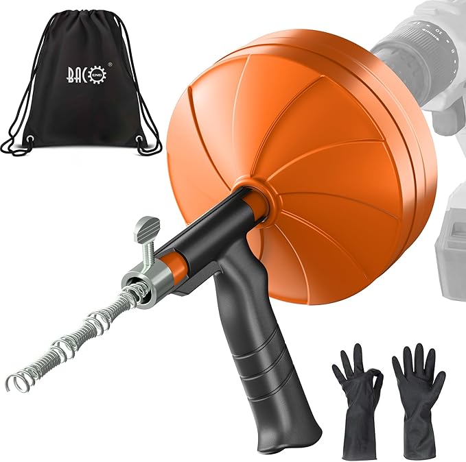 BACOENG 50Ft Drain Auger, Heavy Duty Plumbing Snake with Drill Adapter, Use Manually or Powered for Drain Clog, Shower Sink, Comes with Gloves and Bag (Orange)