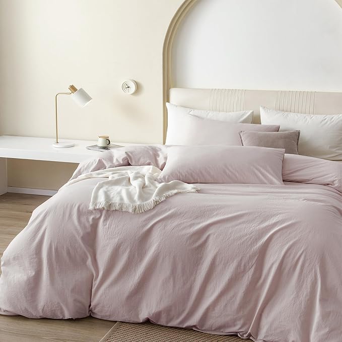 JIYUAN 100% Washed Cotton Duvet Cover Set 3 Pieces King, 1 Duvet Cover 104x90 Inches (Comforter Not Included) and 2 Pillowcases,Linen Feel Bedding Set Comfy and Breathable, Heathered Greyish Pink