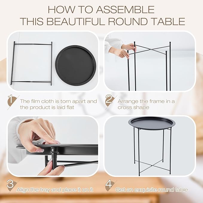 Kigley Set of 4 Metal Side Table Folding Tray Round Foldable End Table Outdoor Tray Table Small Stable Snack Nightstand for Outdoor Indoor Living Room Bedroom Patio, Black, 18.5 x 18.5 x 19.7''