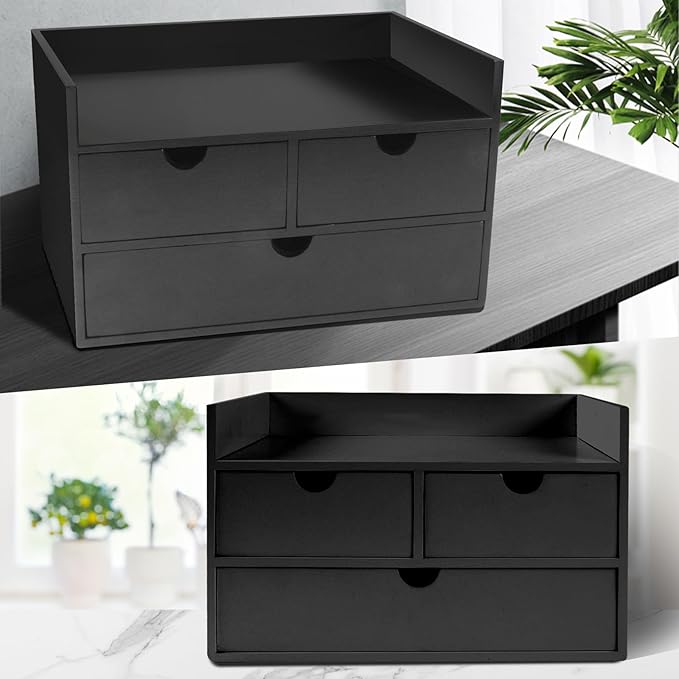 Bamboo Desk Organizer 3 Drawer with Shelf, Countertop Organizer with Drawers Makeup Storage Drawer 3 Drawers Tabletop Storage Organization Box Home Office Workspace（Black）