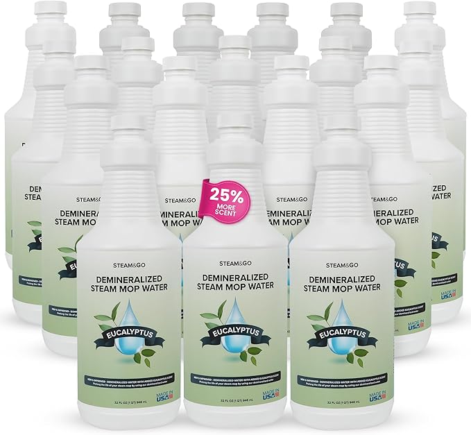 Steam & Go Demineralized Water for Steam Cleaner, PVC-Free Floor Cleaner Liquid Compatible with Any Steam Mop, Ready-to-Use Multisurface Cleaner, Scented, Eucalyptus Mint, 32 oz, Pack of 18