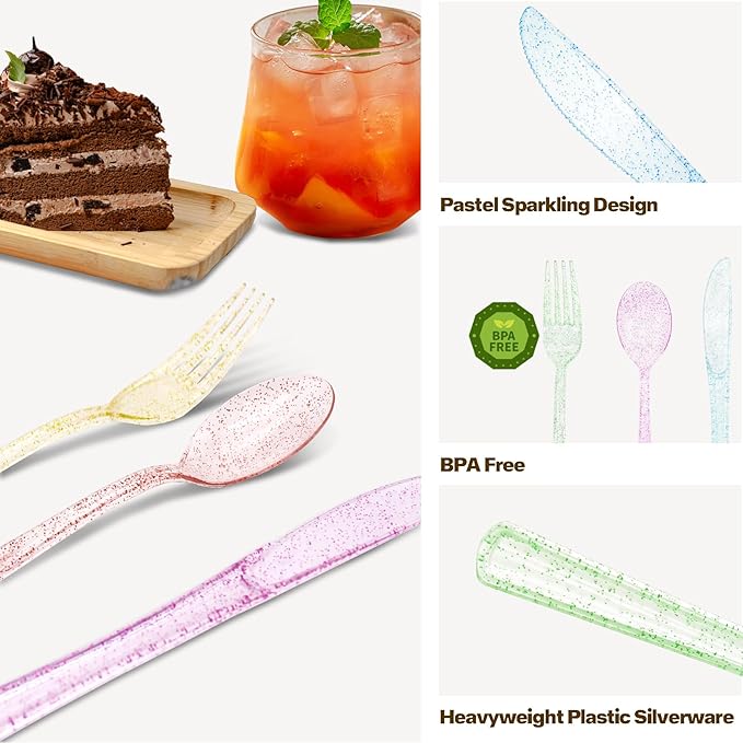 150 PCS Clear Pastel Plastic Silverware Disposable Pastel Utensils Set Heavy Duty Includes 50 Forks 50 Knives 50 Spoons for Birthday Wedding Baby Shower, Tea Party