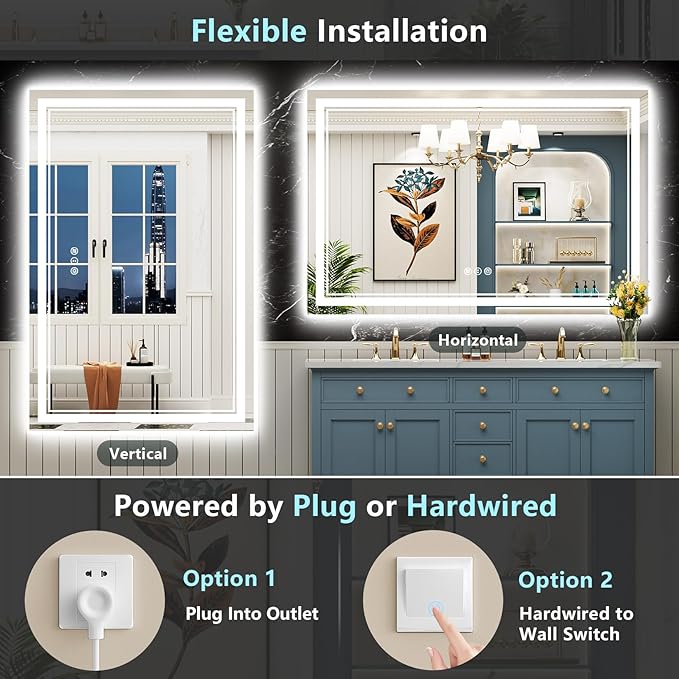 50x36 LED Bathroom Mirror with Lights, Backlit and Front Lit Anti-Fog Lighted