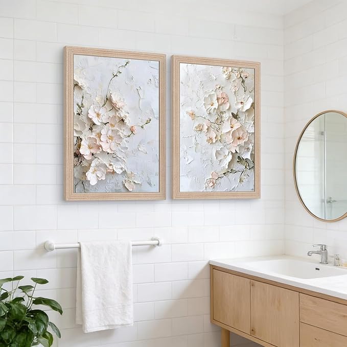 Framed 3D Floral Canvas Wall Art Textured Floral Oil Painting Modern Neutral