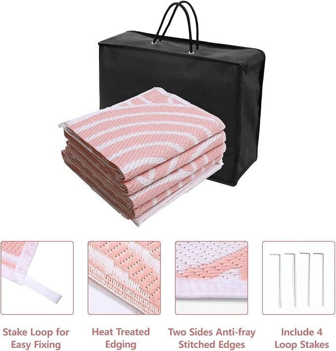 Anidaroel Patio Rugs Outdoor 6’x9’ Clearance Waterproof, Reversible Rainbow Outdoor Plastic Straw Outside Rugs, RV Outdoor Rugs for Camping, Porch, Balcony, Backyard (Pink, 6‘X9')