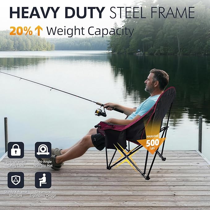 Oversized Camping Chair for Adults - Heavy Duty Padded Outdoor Folding Lawn XL Camp Chair with Cup Holder Cooler Pockets for Sports Beach Fishing Garden Portable Supports 500lbs, Red/Grey