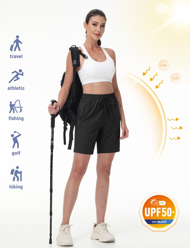 TACVASEN Hiking Shorts for Women Quick Dry Lightweight Golf Athletic Shorts with Pockets Water Resistant Summer UPF 50+ Black L