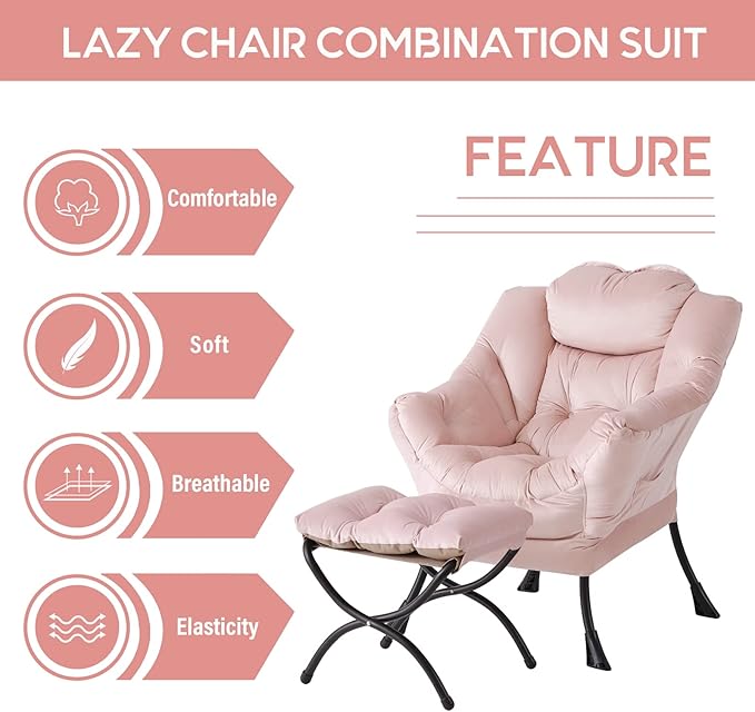 LITA Lazy Chair with Ottoman, Modern Accent Leisure Upholstered Sofa Chair, Contemporary Lounge Reading Chairs with Armrests and a Side Pocket for Living Room, Bedroom & Small Space, Pink