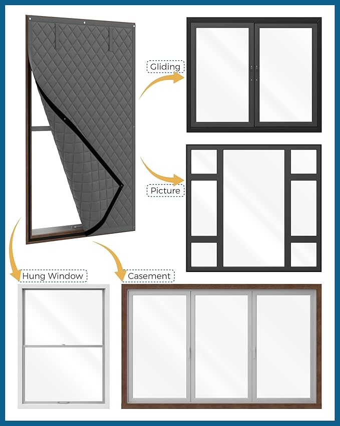 Window Insulation for Winter, 2 Pack Curtain Size 46" x 62", Thermal Insulated Window Cover of Oxford Cloth Thicken Cotton Fiber for 44"× 60" Window, Grey