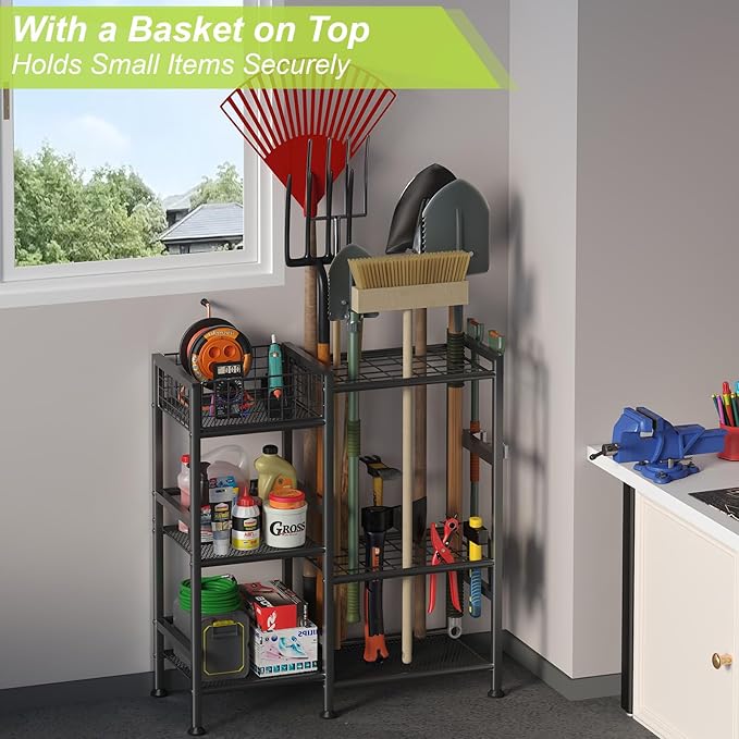 keomaisyto Garden Tool Organizer With Basket - 3 Tier Yard Storage Rack for Garage Organization, Heavy Duty Holder With 35 Long-Handled Slots for Shed, Yard, Garage