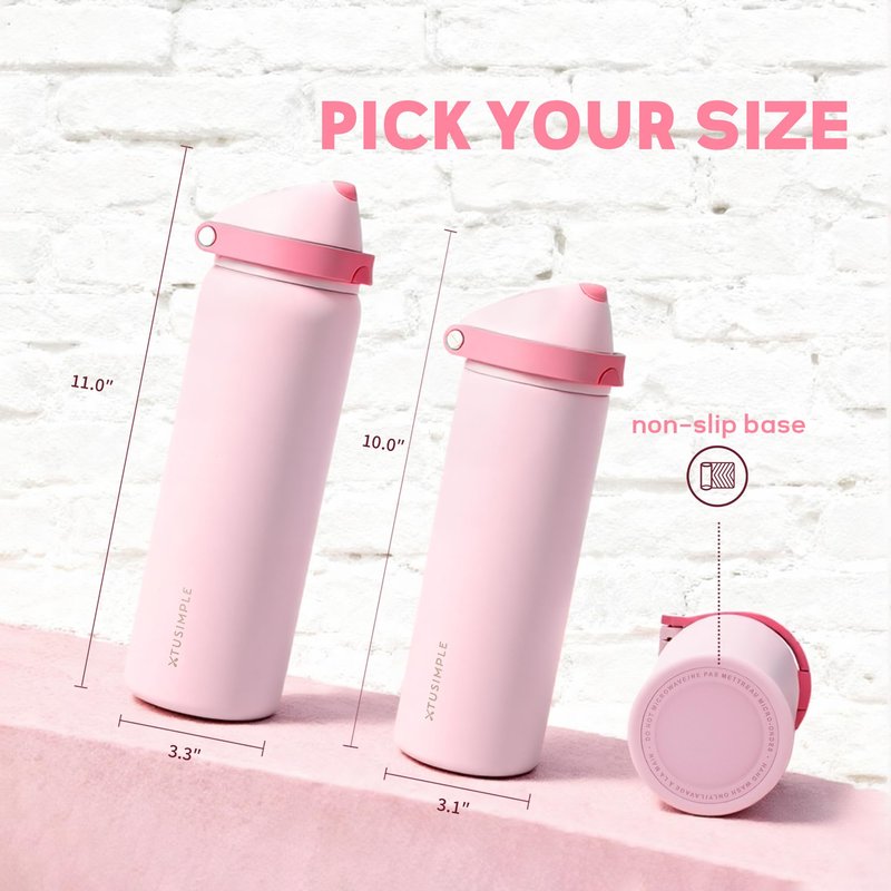 Xtusimple 24 oz Insulated Water Bottle with Straw, Stainless Steel Water Bottle with 2-in-1 Push-Button Spout & Quick-Flip Straw, Fits Car Cupholder, Leakproof, for Gym, Travel, School, Camping, Pink