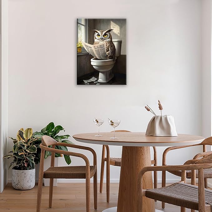 Owl Bathroom Wall Art, Funny Owl Toilet Pictures Wall Decor, Bird Canvas Prints, Animal Painting, Framed Artwork for Bathroom Living Room Bedroom Office Dining Room 20"X16"