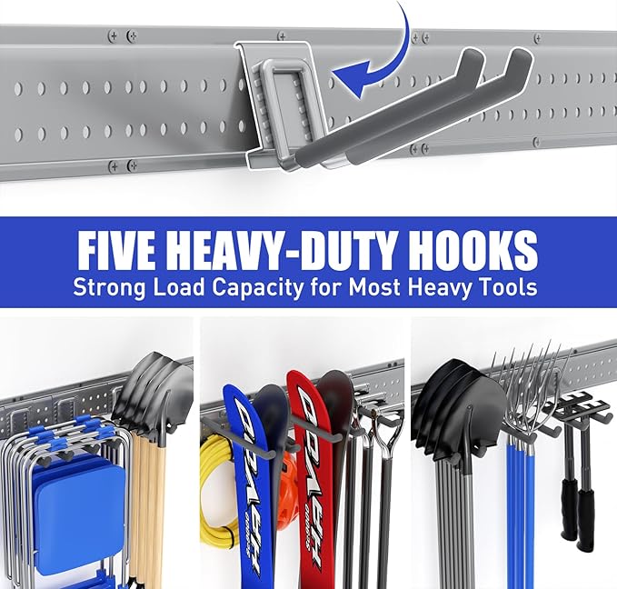 Garage Tool Organizer Wall Mount 66 inches with 13 Adjustable Heavy-Duty Hooks, Garage Organization, Garden Tool Storage Rack, Yard, and Shed, Holds Up to 520 lbs (Grey)