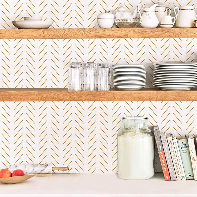 Erfoni Yellow and White Peel and Stick Wallpaper Modern Herringbone Wallpaper