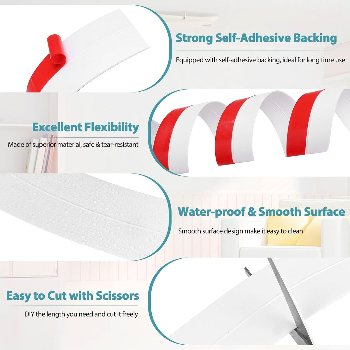 Weather Stripping Door Draft Stopper Flexible Self Adhesive Silicone Door Seal Strip for Glass Doors Windows and Shower Glass Gaps, 2 Inch Wide X 10 Feet Long, White