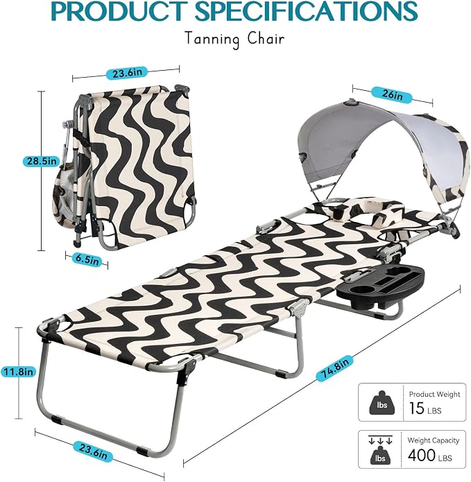 Tanning Chair with Face Hole for Adults, Outdoor Folding Lounge Chair with Canopy and Side Table for Phone Drink Tablet, 4 Position Adjustable Backrest, Lay Flat Chaise Lounger for Beach Patio Pool