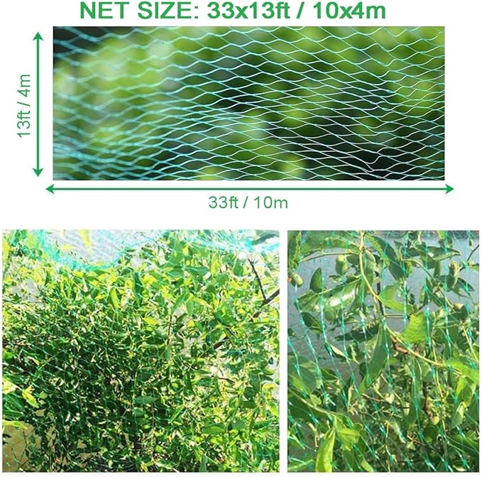 Bird Netting for Garden, 13Ft x 33Ft Green Anti Bird Protection Net, Plant Tree Netting for Protecting Fruit and Vegetables with 50 Ties and 20 Tacks