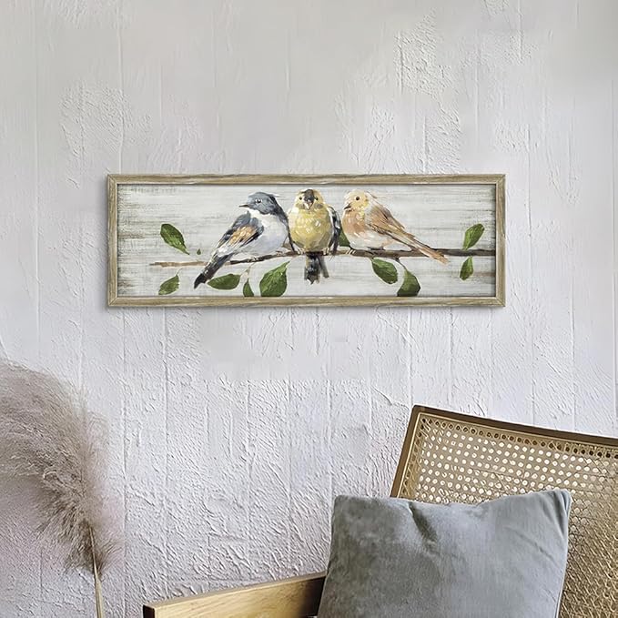 Rustic Bird Wooden Wall Art: Vintage Chickadee Framed Prints Abstract Cute Sparrow Picture Country Chubby Chickadee Painting Artwork Decor for Living Room Bedroom Farmhouse