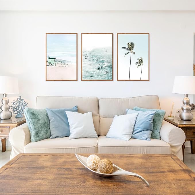 CHDITB Coastal Beach Framed Canvas Wall Art Set of 3, Ocean Surfing Wall Decor, Tropical Palm Tree Artwork, Nautical Poster, Modern Waves Surfing Painting for Living Room, Bedroom, Office 16"x24"